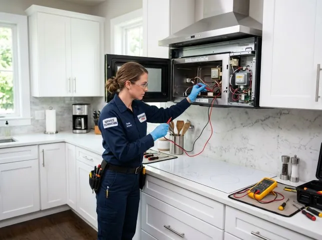 Appliance Repair Hero technician testing an over-the-range microwave in a Burr Oak, MI kitchen
